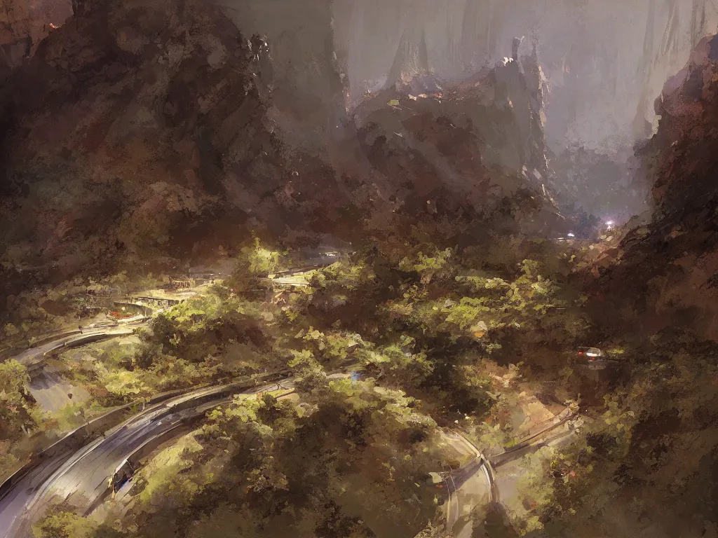 Prompt: highway leading into tunnel at the tip of the fingers of a gigantic hand overgrown, craig mullins