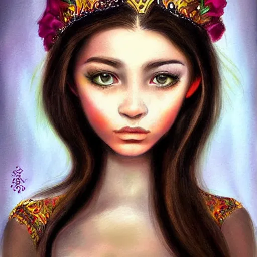 Prompt: beautiful young princess of coca, dark hair, dark eyes, fantasy painting, very painterly