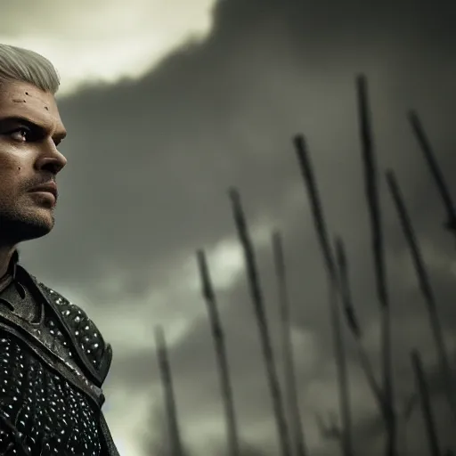 Image similar to karl urban as the witcher, 4 k, epic, cinematic, focus, movie still, fantasy, serious, extreme detail, atmospheric, dark colour