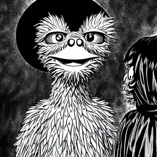 Image similar to big bird from sesame street, style of kentaro miura!!!!, black and white, undead