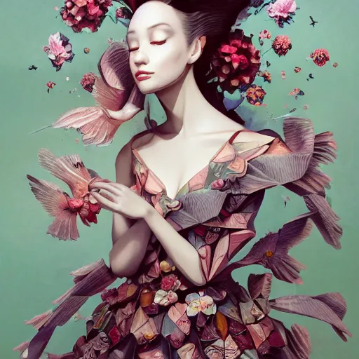 Image similar to 3 / 4 view of a beautiful girl wearing an origami dress, eye - level medium shot, fine floral ornaments in cloth and hair, hummingbirds, elegant, by eiko ishioka, givenchy, tyler edlin, by peter mohrbacher, centered, fresh colors, origami, fashion, detailed illustration, vogue, japanese, reallusion character creator