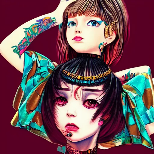 Image similar to tattooed little girl wearing an gucci's outfit. art by ilya kuvshinov, profile picture, inspired by hirohiko araki, highly detailed, 8 0 s anime art style, realistic, vogue cover