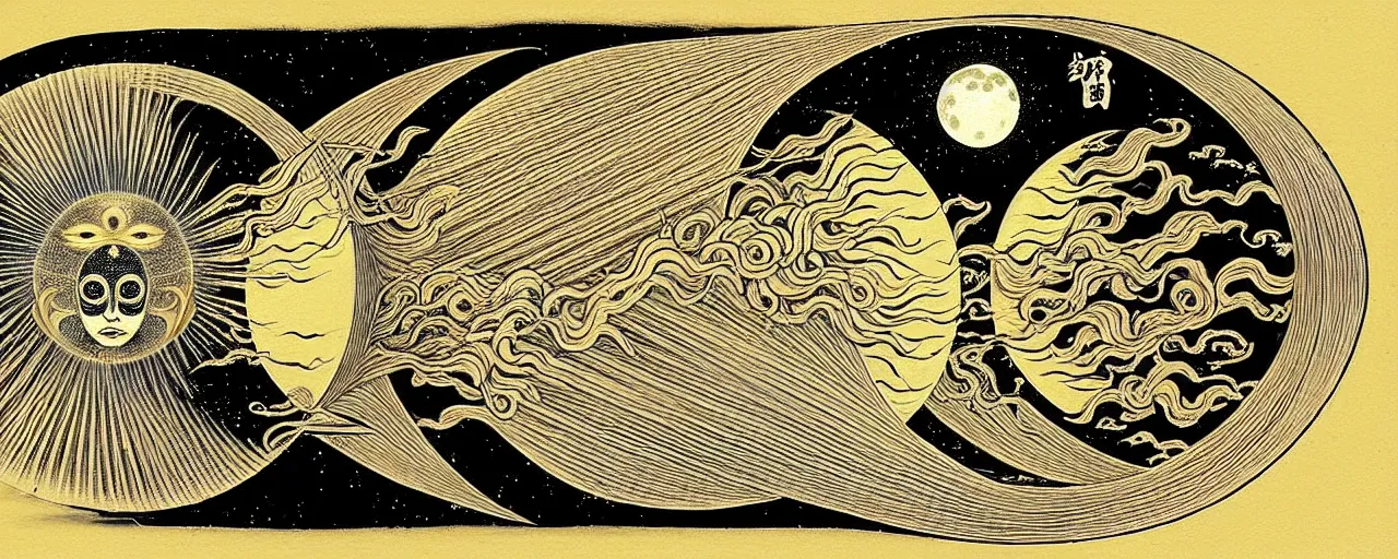 Image similar to a fiery yokai radiates a unique canto'as above so below'to the moon, while being ignited by the spirit of haeckel and robert fludd, breakthrough is iminent, glory be to the magic within, in honor of saturn, painted by ronny khalil