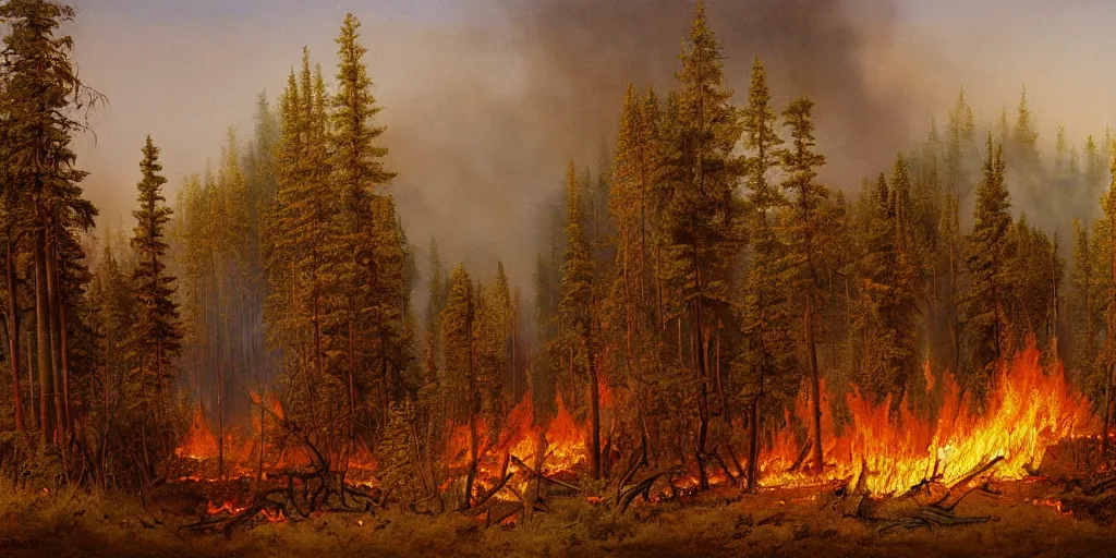 Image similar to smokey forest fire artwork by eugene von guerard