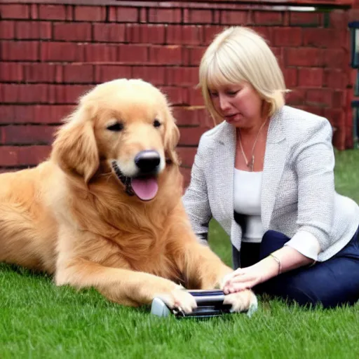 Prompt: A high-quality photo of a Golden Retriever teaching Nadine Dorries to use the internet