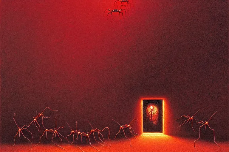 Prompt: a line of ants heading up an outside wall towards a pie cooling in the window, in the style of beksinski, intricate and epic composition, red by caravaggio, insanely quality, highly detailed, masterpiece, purple light, artstation, 4 k