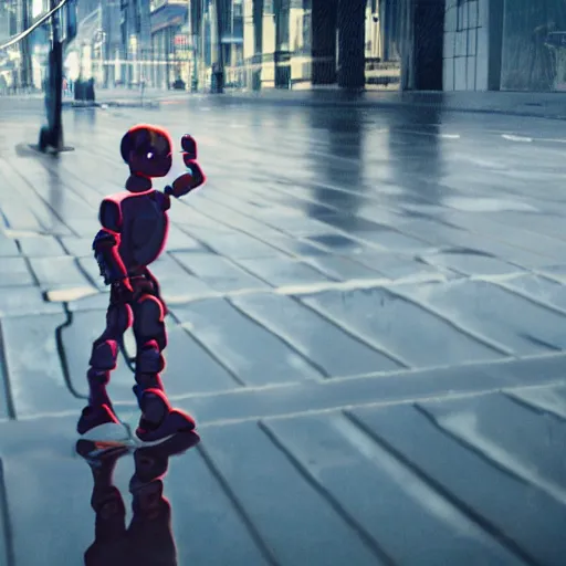 Prompt: a robot boy sees himself reflected in a puddle on a street in a futuristic city in cinematic mode