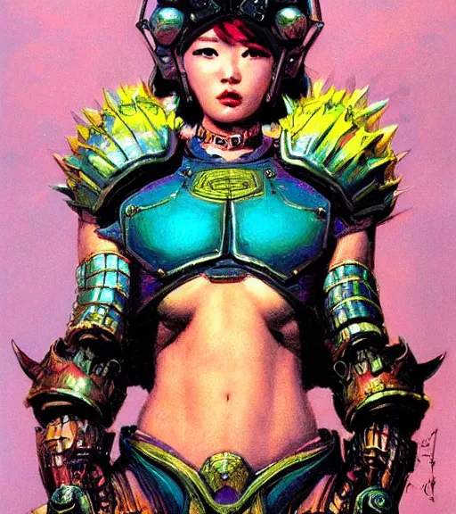 Image similar to portrait of strong korean female chaos angel, beautiful! coherent! by frank frazetta, by brom, strong line, vivid neon color, spiked scrap metal armor, iron helm, high contrast, maximalist