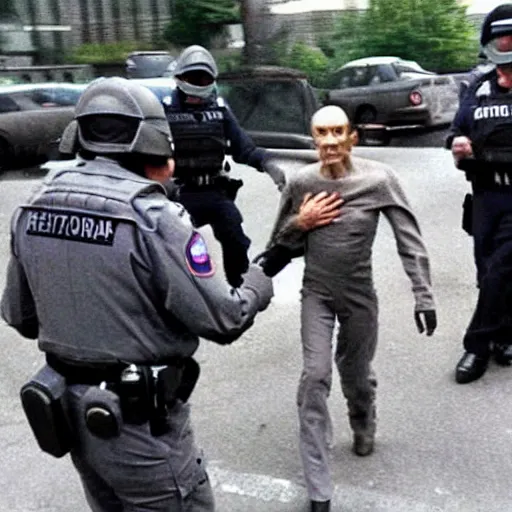 Image similar to extraterrestrial zeta reticulan grey alien, being arrested by spetsnaz