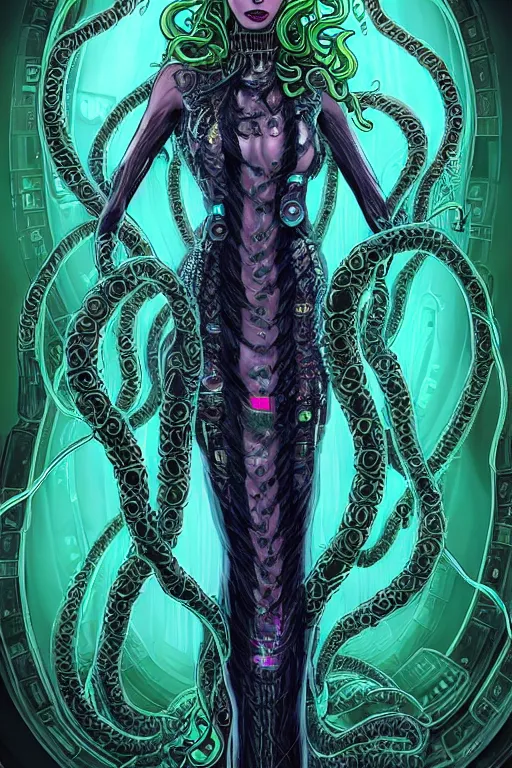 Prompt: Perfectly-centered Hyperdetailed symmetrical cinematic RPG portrait-illustration of a beautiful aetherpunk cyberpunk Medusa in a long neon-noir lovecraftian dress while her hair is made of huge ravepunk snakes. She's standing next to otherworldly towers in a surreal landscape with a cosmic horror blurred background, in the style of an epic sci-fi comic-book cover, 3D rim light, smooth digital art, sharp focus, 8K.