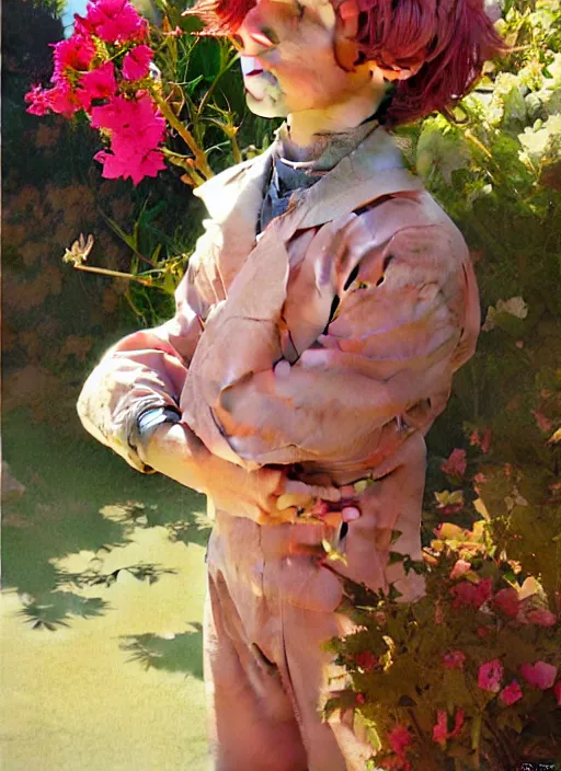 Image similar to androgynous cute pink haired teen boy wearing greek clothes, muted colors, colorful flowers, sunlight filtering through skin, j. c leyendecker, by alan lee, wlop! illustrated by starember, fantasy art by craig mullins cfg _ scale 9