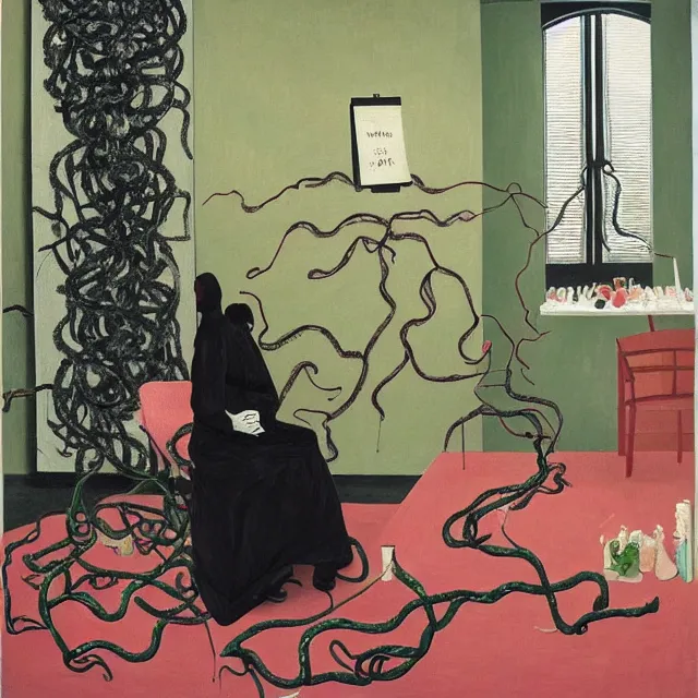 Image similar to a female pathology student in her apartment, wrapped in vines, medical equipment, candles, octopus, first aid kit, pig, black walls, ikebana, black armchair, sculpture, acrylic on canvas, surrealist, by magritte and monet