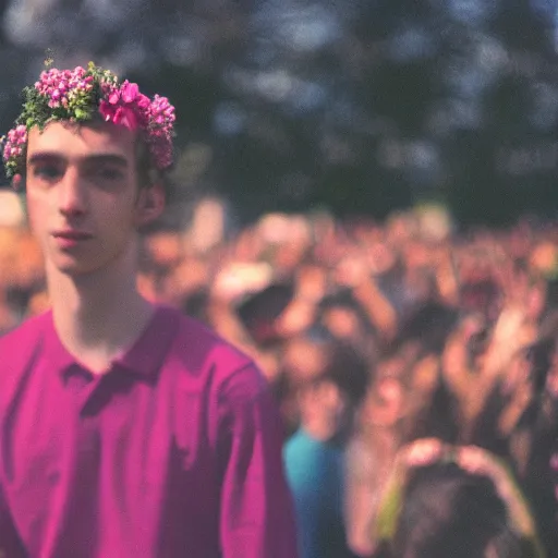 Image similar to close up kodak portra 4 0 0 photograph of a skinny guy standing in crowd, flower crown, moody lighting, telephoto, 9 0 s vibe, blurry background, vaporwave colors, faded!,