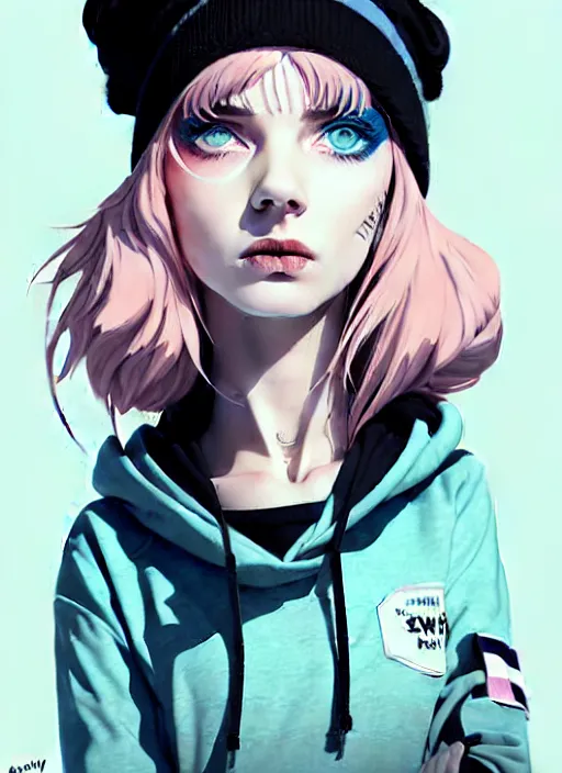 Prompt: highly detailed portrait of a swedish sewer punk lady student, blue eyes, tartan hoody, hat, white hair by atey ghailan, by greg tocchini, by kaethe butcher, by james gilleard, gradient pink, black, brown, cream and light blue color scheme, grunge aesthetic!!! ( ( graffiti tag wall white background ) )