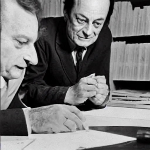 Prompt: richard feynman designing the first atomic baby