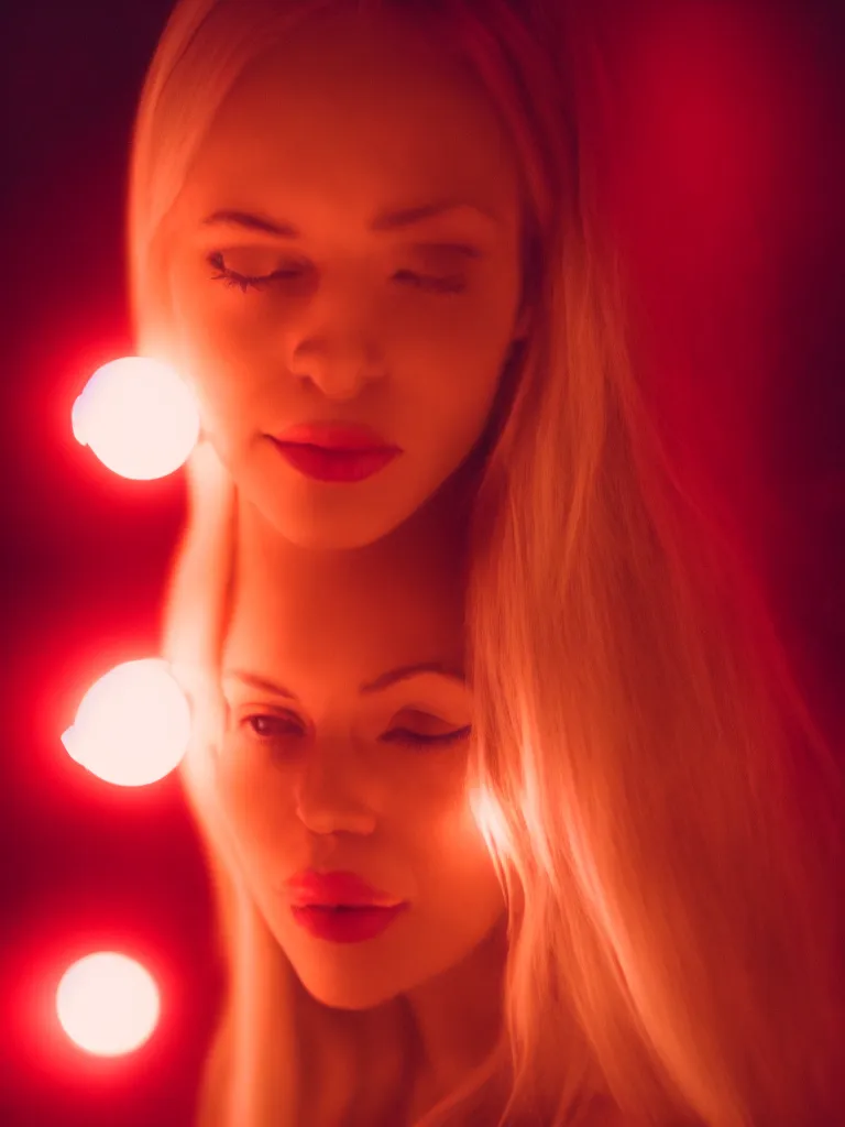 Image similar to photograph of a pretty blond woman illuminated with red light, soft light, night