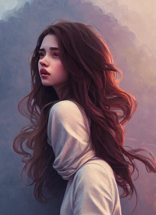 Image similar to handsome young women with shoulder length brown hair, smoke, foggy, half body shot, path traced, highly detailed, high quality, digital painting, alena aenami, lilia alvarado, shinji aramaki, karol bak, alphonse mucha, tom bagshaw