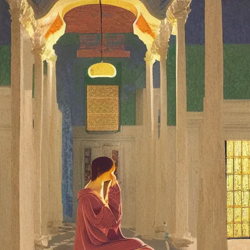 Image similar to a girl lost in a temple, film still by wes anderson, depicted by leon battista alberti, limited color palette, very intricate, art nouveau, highly detailed, lights by hopper, soft pastel colors, minimalist