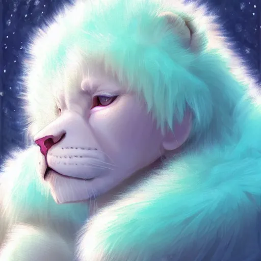 Image similar to aesthetic portrait commission of a albino male furry anthro lion cub popping floating bubbles while wearing a cute mint colored cozy soft pastel winter outfit, winter Atmosphere. Character design by charlie bowater, ross tran, artgerm, and makoto shinkai, detailed, inked, western comic book art, 2021 award winning painting