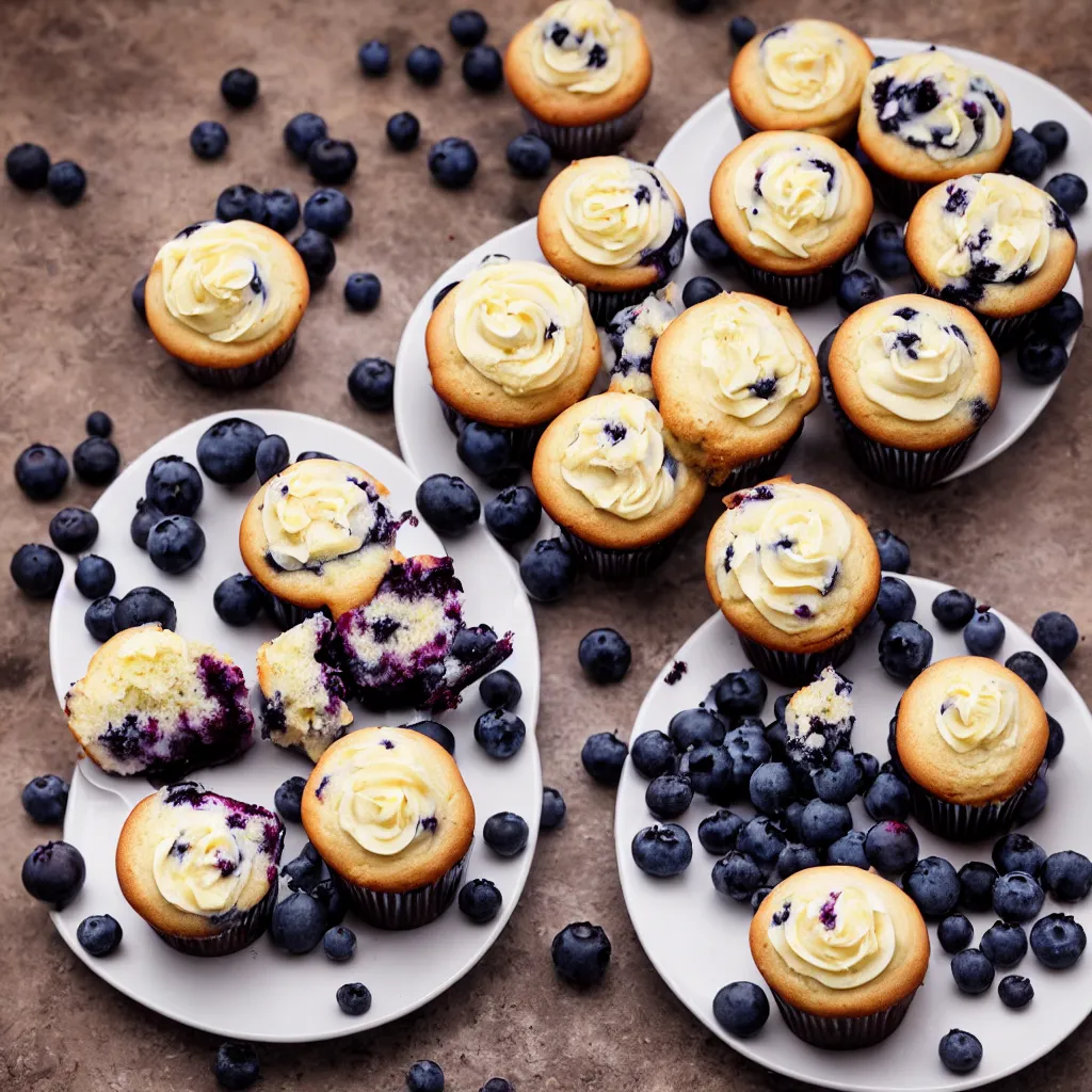 Image similar to a plate with blueberry cupcakes, dynamic lighting, bokeh, hyper realistic, award winning food photography