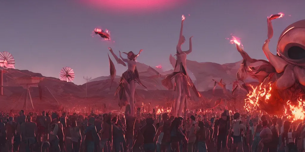 Image similar to realistic cinematic views of a orwellian coachella with fires in the background and dead seagulls falling from the sky in front of the main stage worshipping a large statue of kylie jenner, hyper detailed, terror glows, hyper realistic, digital painting, 8 k, 3 5 mm film grain, octane render