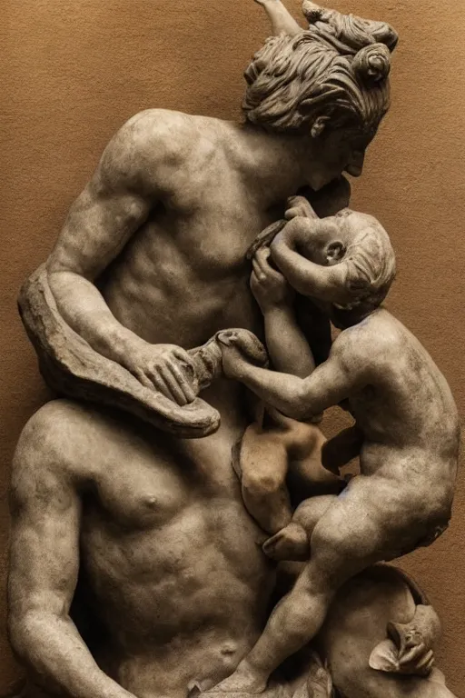 Image similar to photograph of a statue of Saturn devouring his son, in the syle of HR Geiger, extremely detailed, background is a low light museum, 4k