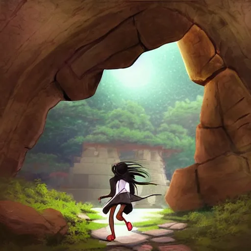 Image similar to “Indians jones as an anime girl running away from a rolling giant stone boulder trap inside an ancient stone temple, stunning digital art”