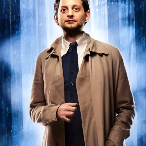 Image similar to tobey maguire as a rough dirty old man with a scruffy beard in a dark blue trenchcoat as the new doctor who, cinematic, volumetric lighting, f 8 aperture, cinematic eastman 5 3 8 4 film, photorealistic