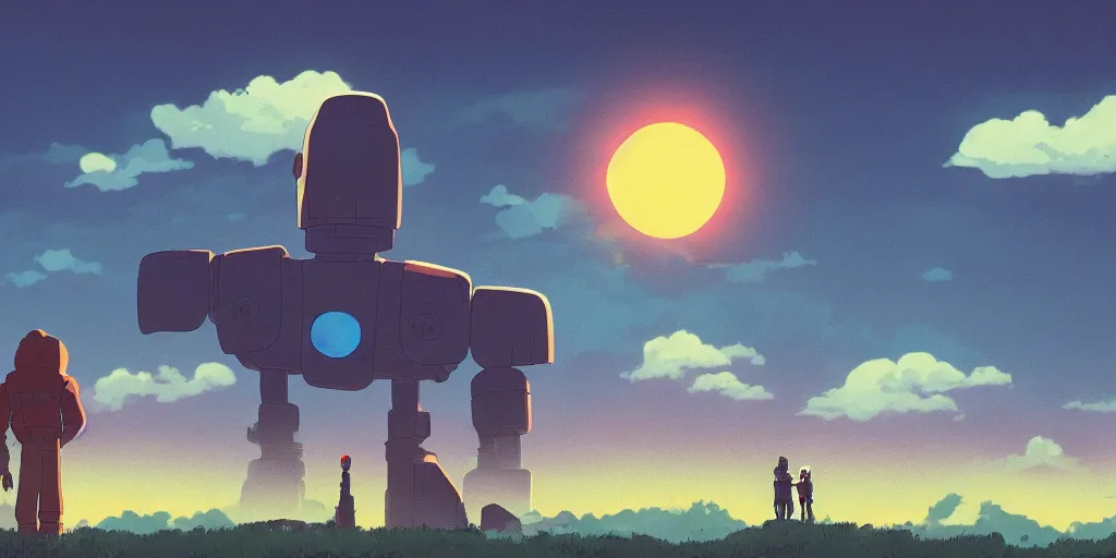 Prompt: Iron Giant, Portrait, Puffy Cloudy Sky, Sun, Neon Lights, Subject in Middle, Subject in center, Rule of Thirds, Retrofuturism, Studio Ghibli, Simon Stålenhag