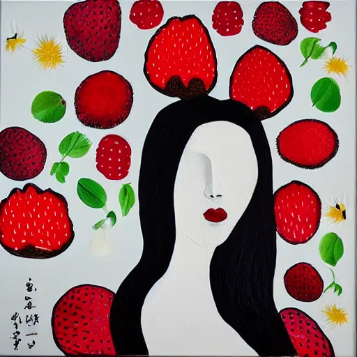 Image similar to “art in an Australian artist’s apartment, portrait of a woman wearing white cotton cloth, eating luscious fresh raspberries and strawberries and blueberries, white wax, edible flowers, Japanese pottery, ikebana, black walls, acrylic and spray paint and oilstick on canvas”