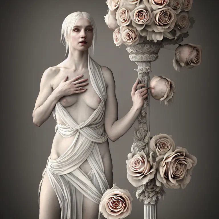 Prompt: neoclassical art closed portrait of a wonderful symmetrical albino goddess with dressed with a majestic semi transparent cotton roses dress, ornate, intricate, detailed, dramatic light, octane render