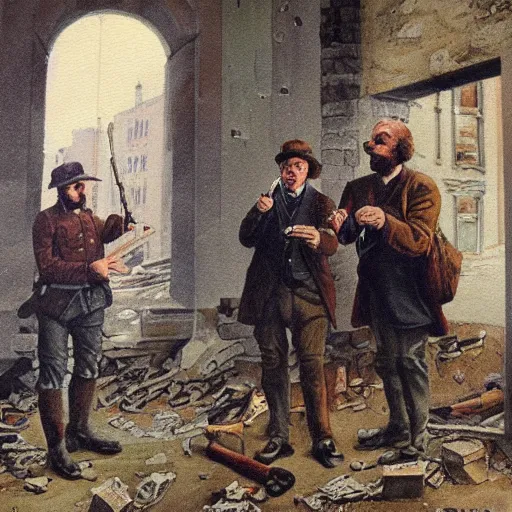 Image similar to Beautiful painting of Irish rebels smoking cigarettes inside a ruined building, General Post Office in Dublin, 4K