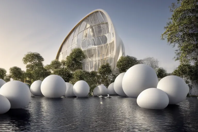 Prompt: a building formed by the intersection and fusion of many multi - white spherical and egg - shaped spaces. on the calm lake, people's perspective modern curved architecture, future, wood, marble, metal award winning, highly detailed 4 k art, dusk, unreal engine highly rendered, global illumination, radial light, internal environment by kazuyo sejima