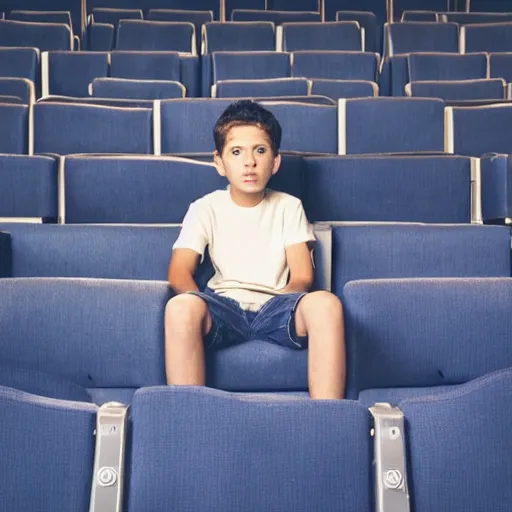 Image similar to real photo of a boy sitting alone in a cinema, extremely detailed and intricate