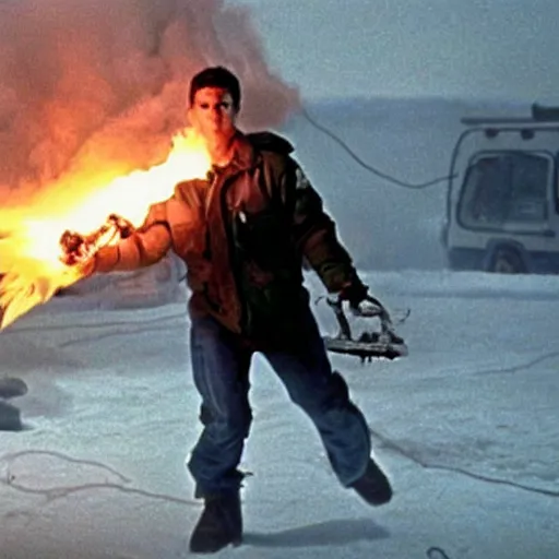 Image similar to movie still of cristiano ronaldo with a flamethrower in the thing (1982), john carpenter, cinematic,