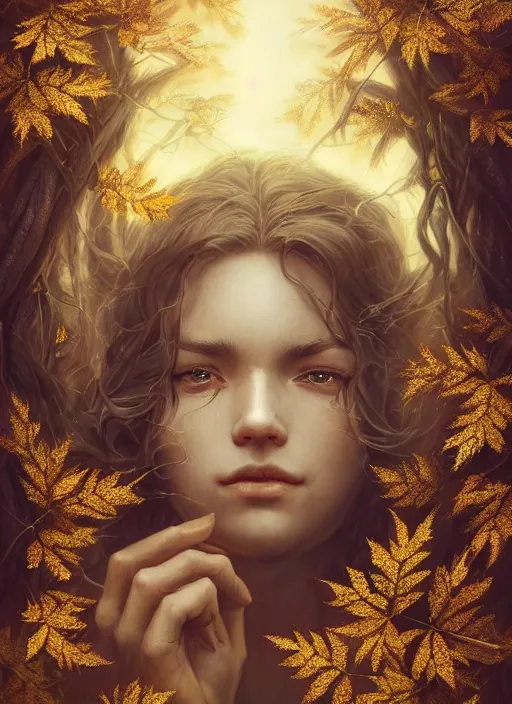 Image similar to golden leaves at frame border, creative!!! composition for a book cover!!!, absurdly beautiful, ultrafine hyperrealistic detailed old witch face by wlop and artgerm and greg rutkowski, intricate linework, sharp focus, smooth, octopath traveler, final fantasy, unreal engine, dramatic lighting, ethereal, 8 k