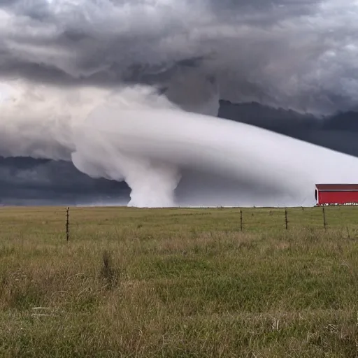 Prompt: a gray tornado in a flat field destroying a barn.