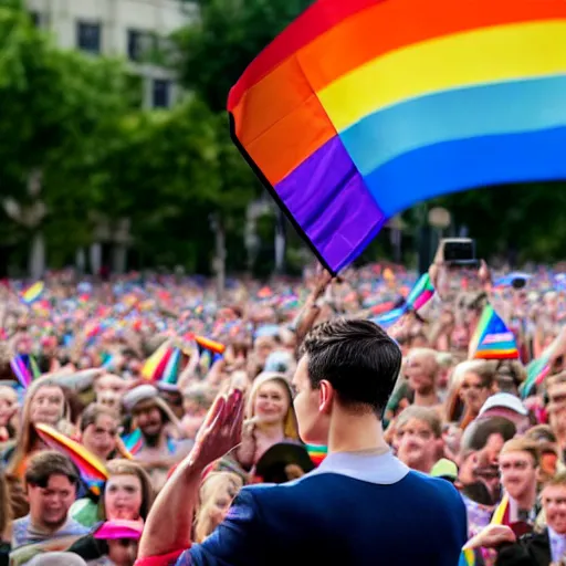 Image similar to i highly detailed photo of ben shapiro waving a rainbow flag in the middle of a crowd, realistic photo, high definition, high quality photo, detailed face, detailed body, full body