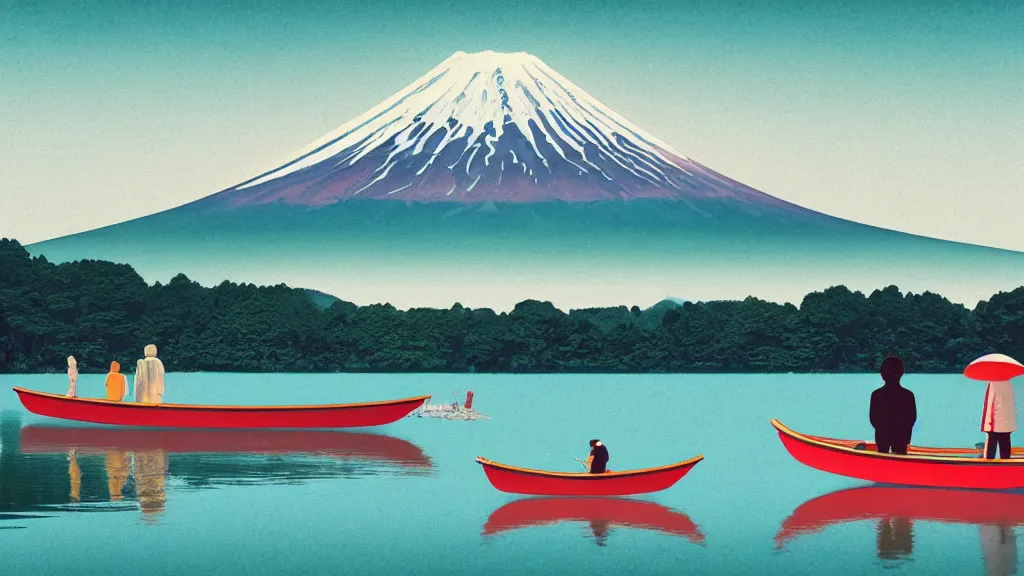 Image similar to a scene of two travellers and their campter touring at yamanaka lake, reflecting mount fuji, japan, a collage painting, in the style of wes anderson, lola dupre, david hockney, isolated on negative white space background dark monochrome neon spraypaint accents volumetric octane render