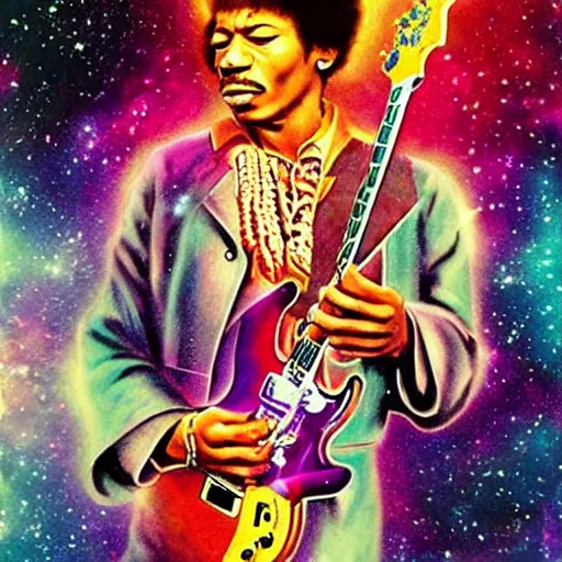 Image similar to jimi hendrix playing guitar, galaxy, stars, nebula, synthwave