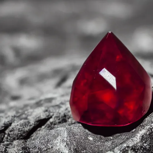 Prompt: a deep red, glowing crystal on a rock, film grain