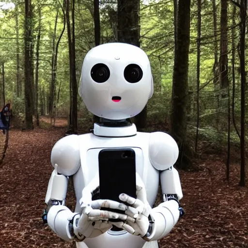 Prompt: A robot taking a selfie in the forest and grinning from ear to ear