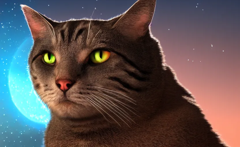 Image similar to a cat staring at earth from the side of the abyss, 4K, digital art, volumetric lighting, depth of field, ”