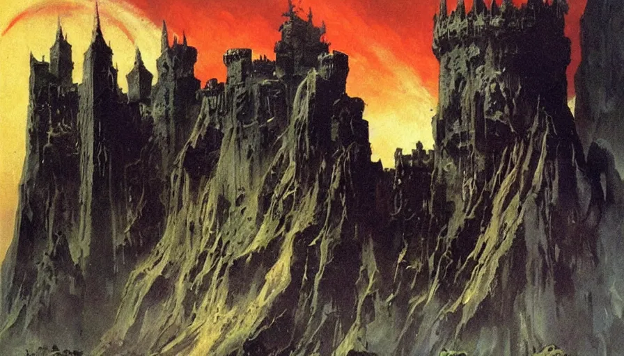 Prompt: an evil fortress, artwork by frank frazetta