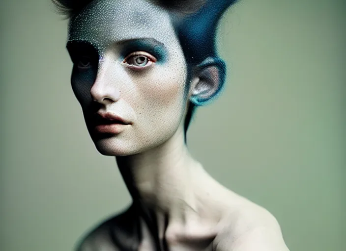 Image similar to cinestill 5 0 d photo portrait of a beautiful hybrid woman in style of paolo roversi by roberto ferri, basalt body intricate detailed, hair are intricate basalt, 1 5 0 mm lens, f 1. 4, sharp focus, ethereal, emotionally evoking, head in focus, radiant volumetric lighting, matt colors outdoor