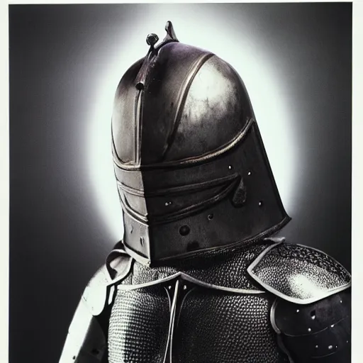 Prompt: a knight wearing a frog helmet, film still, arriflex 3 5