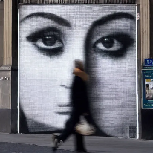 Prompt: photo of person walking down the street, with mona lisas face