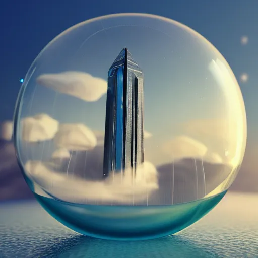 Prompt: miniature crystal skyscraper inside a bubble, floating on clouds, realistic 3 d render, unreal engine, gardens, ecofuturism, solarpunk, maya, 8 k, vmax, award winning, trending on artstation, smooth, sharp focus, octane, twilight sunset background