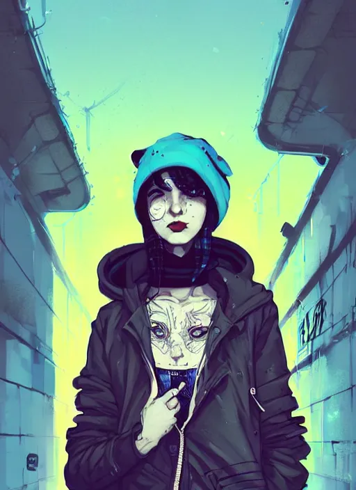 Image similar to highly detailed portrait of a sewer punk lady student, blue eyes, tartan hoody, hat, white hair by atey ghailan, by greg rutkowski, by greg tocchini, by james gilleard, by joe fenton, by kaethe butcher, gradient yellow, black, brown and cyan color scheme, grunge aesthetic!!! ( ( graffiti tag wall background ) )