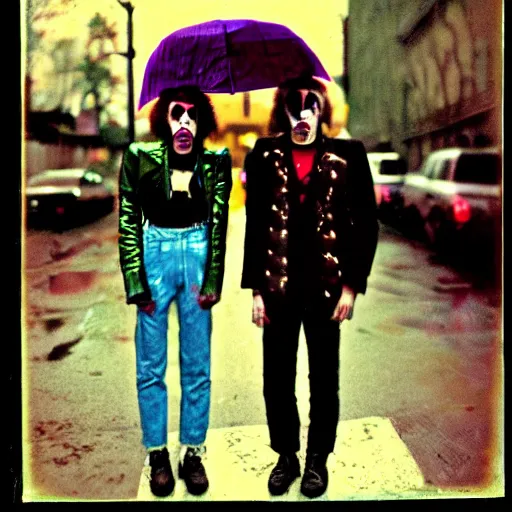 Prompt: night color flash portrait photography of punks on the lower east side by diane arbus, colorful!!, nighttime!, raining!